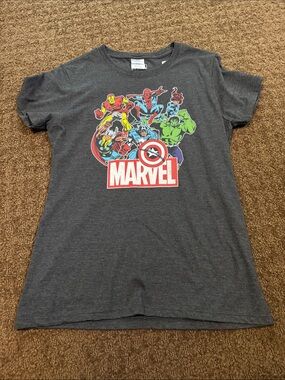 Marvel Charcoal Gray Tee with Multicolor Superhero Print